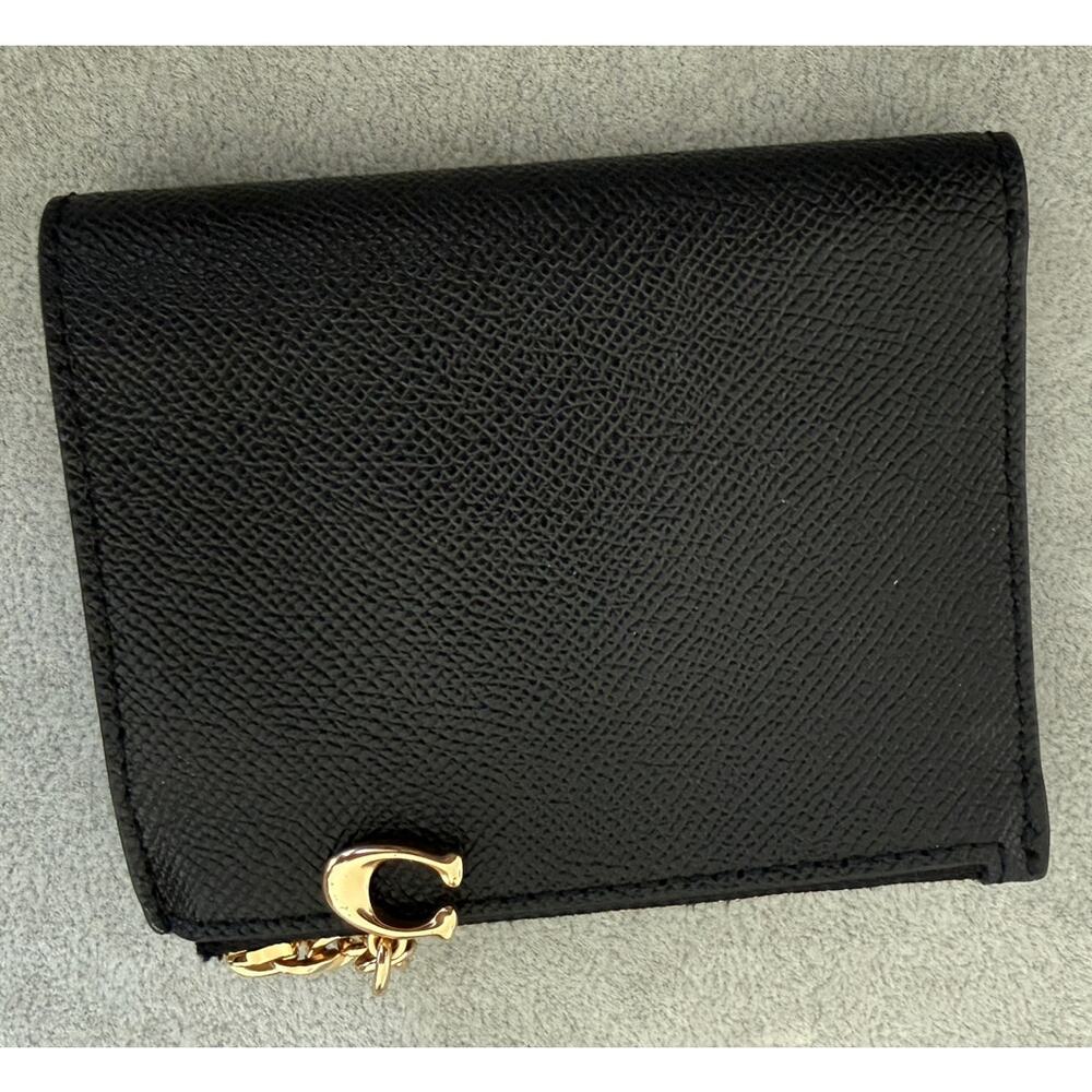 Coach Black Crossgrain Leather Small Snap Bifold Wallet F73867 Gold Logo - Picture 7 of 7